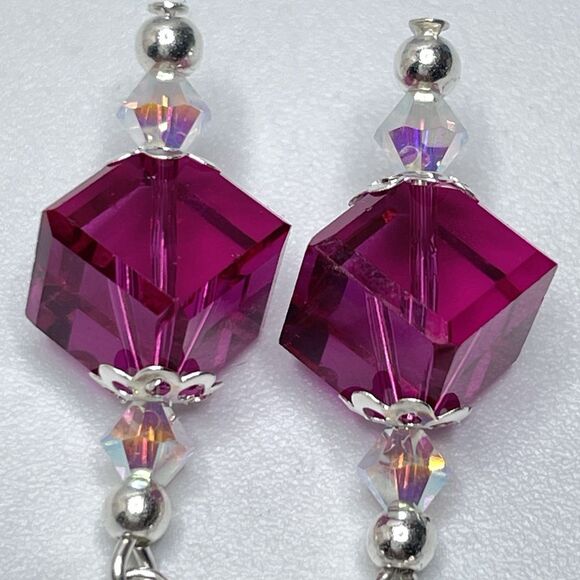 Sterling Silver Made With Swarovski Crystals Magenta AB White Beaded Earrings - Picture 4 of 5